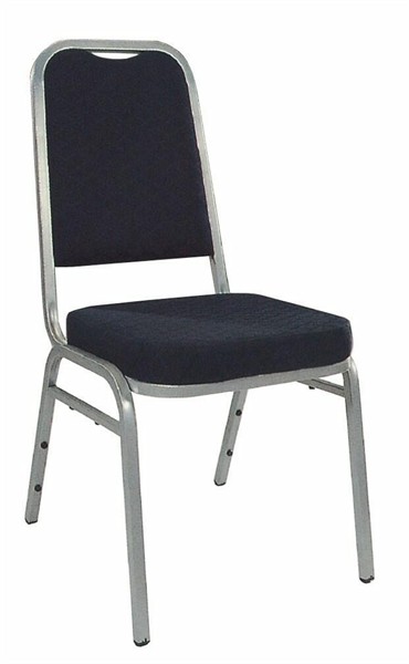 Stapelstuhl Silber, Stoff schwarz, eckige Rückenlehne