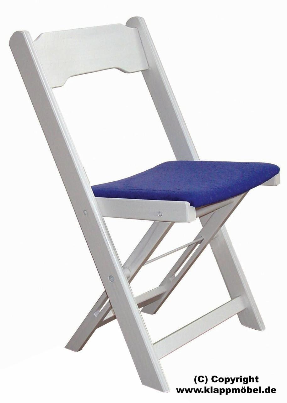 Holzklappstuhl, weiß, geschwungen, Sitzpolster blau