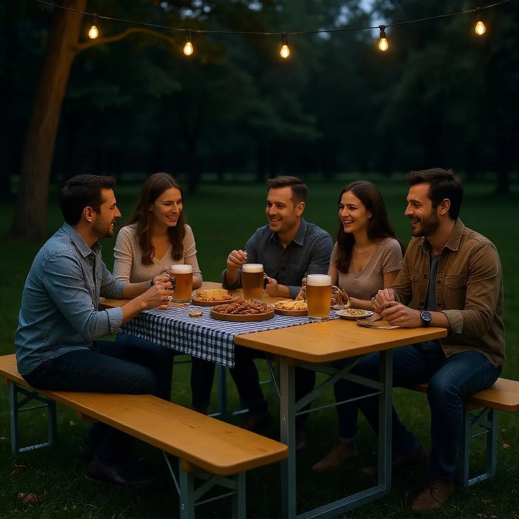Gemütliche runde an einer Bierzeltgarnitur